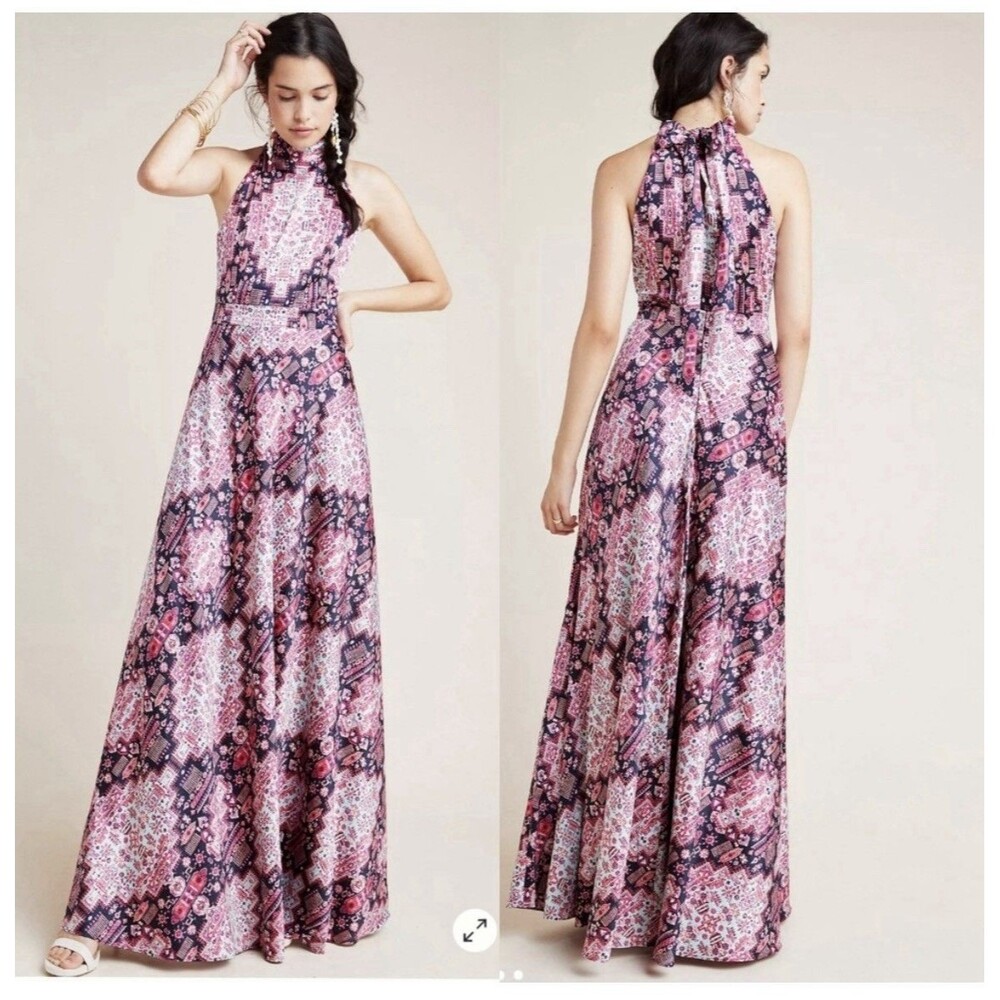 NEW Anthropologie Nicole Miller Serena Halter Maxi Dress Size 12 MSRP $220 Boho